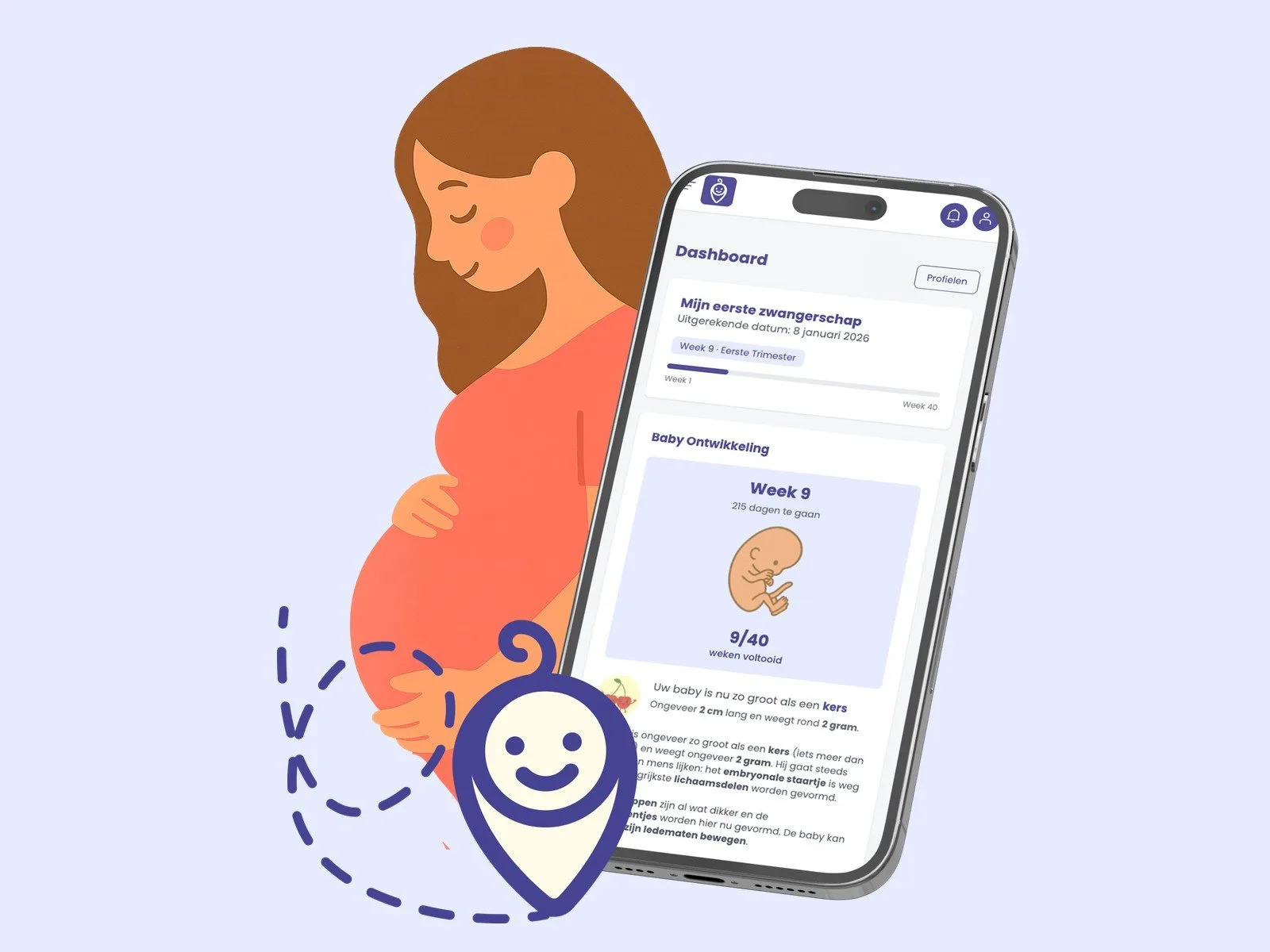 Illustratie van een zwangere vrouw naast een telefoon met het dashboard van de BabyKompas-app